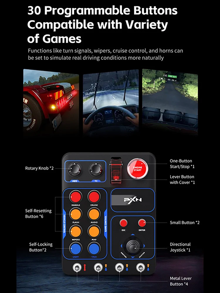 오리지널 PXN CB1 레이싱 게임 중앙 제어 박스(고정 장치 포함), 30개의 프로그래밍 가능한 버튼 탑재, PC 레이싱 게임 컨트롤러