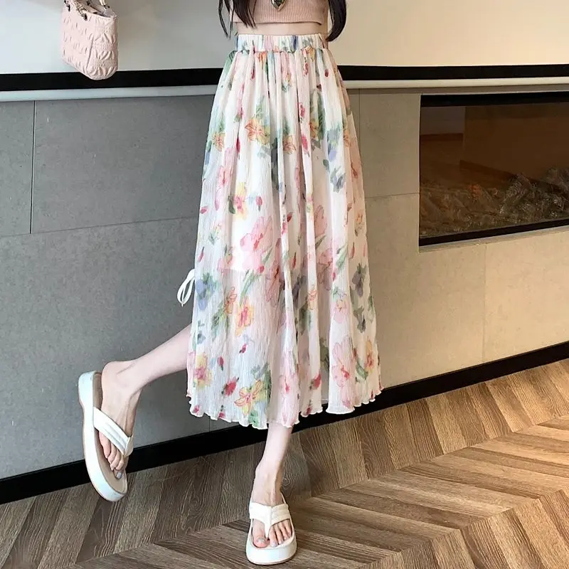 Fairy Broken Flowers A-Line Skirts Summer High Waist Elastic Women's Clothing Folds Stylish Split Drawstring Bow Midi Skirts New