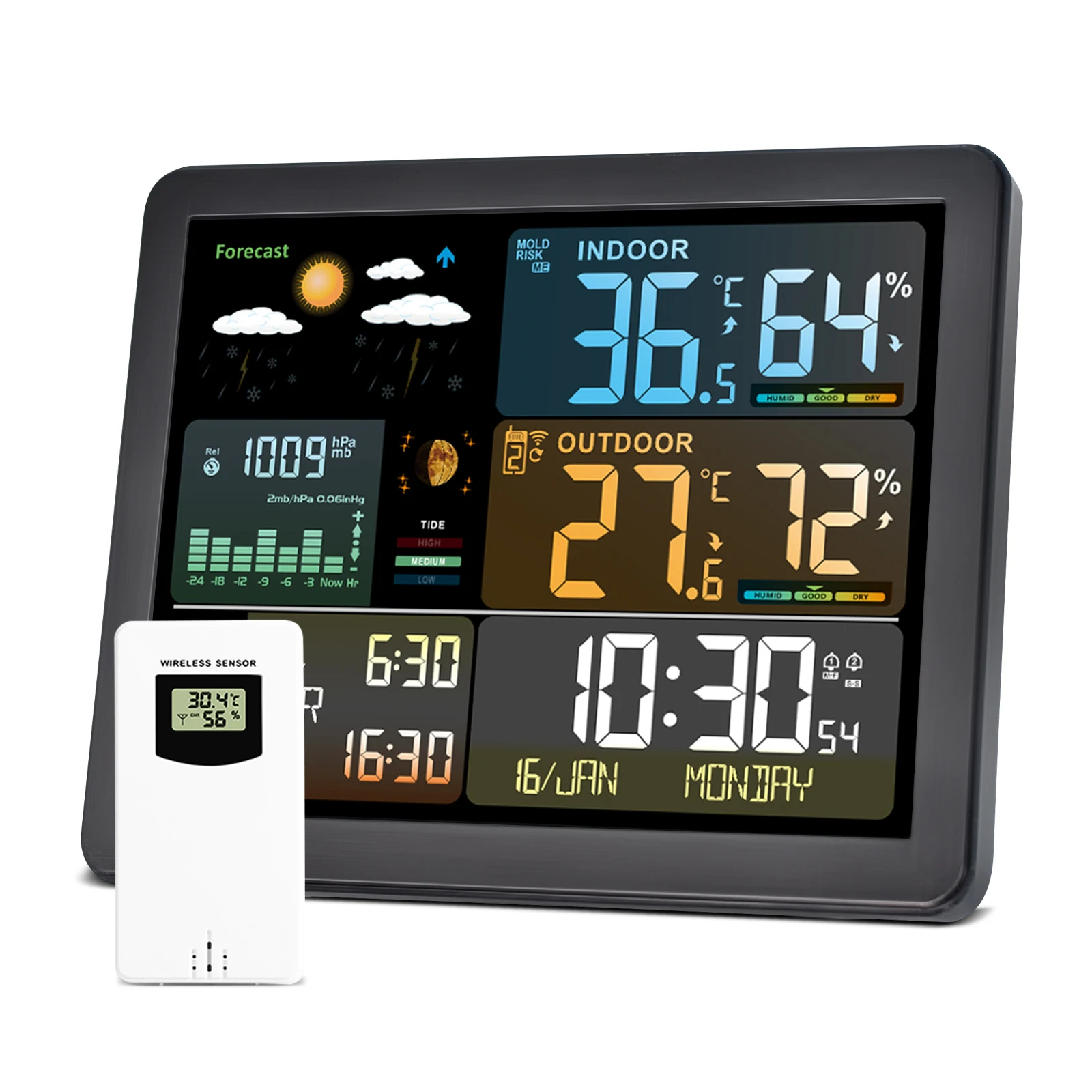 Colorful Digital Wall Clock with Dual Alarms & Weather Station Features-Barometer, Thermometer, Hygrometer White Alarm Clock