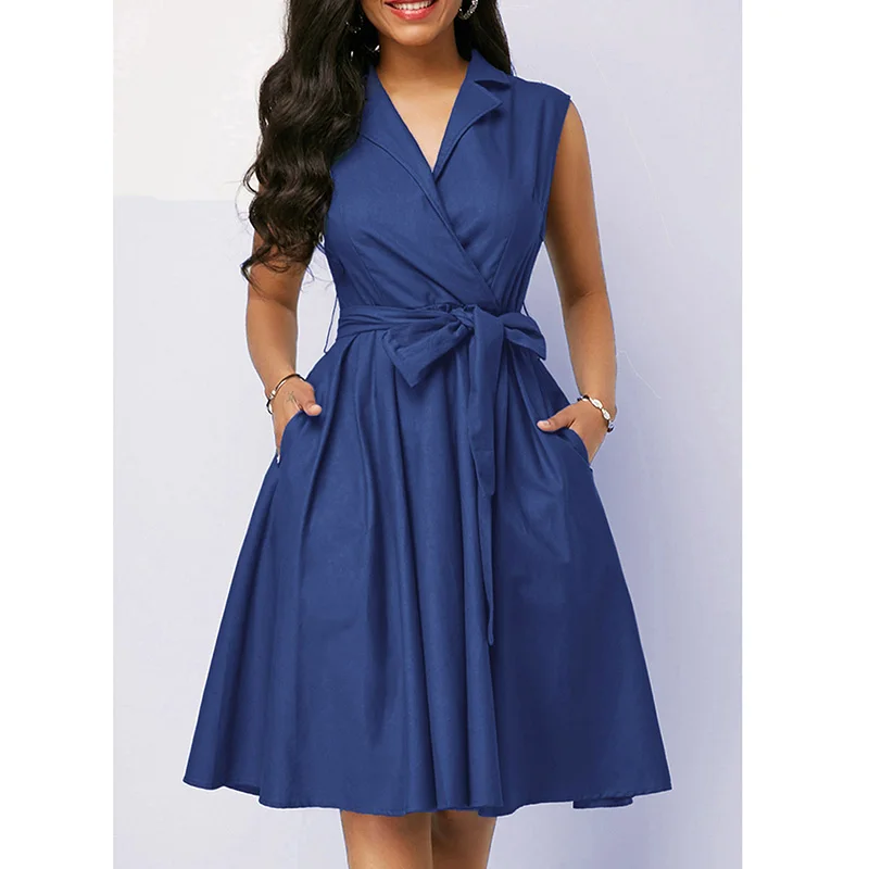 Summer Clothes for Women Polo-Neck Solid Lacing A-line Skirt Fashion Splice Pockets Sleeveless High Waist Plus Size Midi Dress