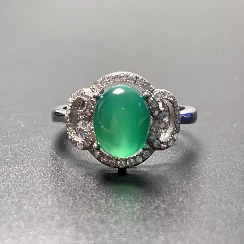 

Chinese Style 925 Silver Gemstone Ring 7mm*9mm Natural Green Chalcedony Ring 3 Layers 18K Gold Plating Chalcedony Jewelry