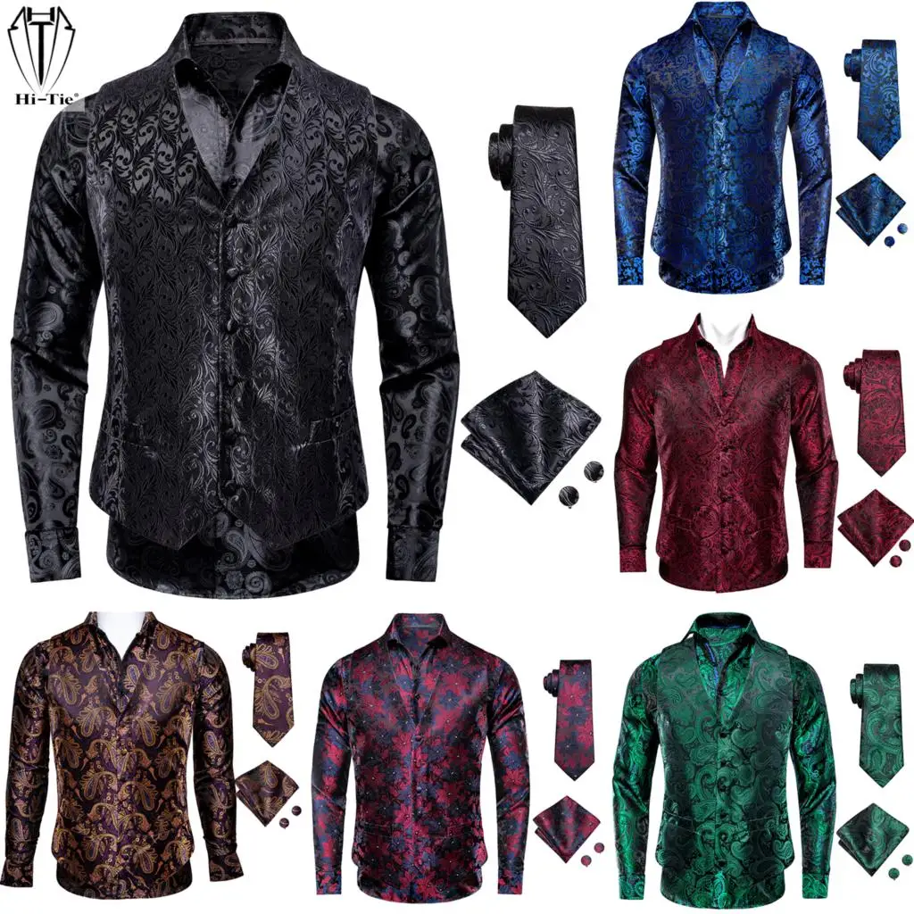 Hi-Tie Black Silk Mens Shirt Vest Tie Hankerchief Cufflinks Jacquard Paisley Floral Male Blouse Waistcoat Designer Wedding Party