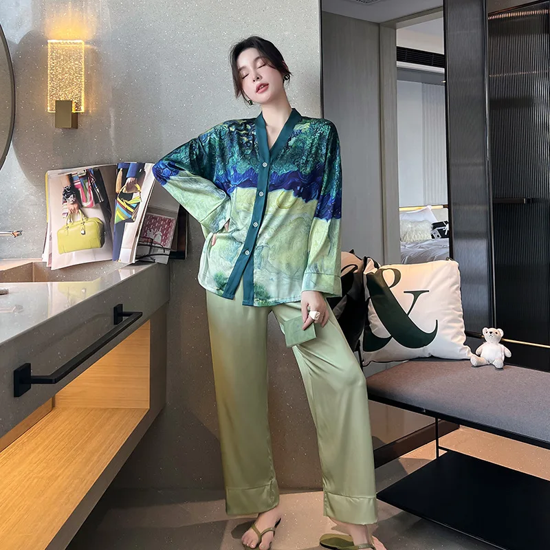 Women Pajamas Set Luxury Style Painting Print Satin Silky V Neck Nightie Home Suit