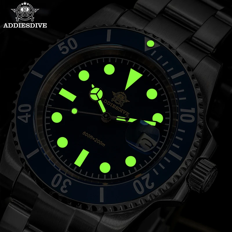 ADDIESDIVE Quartz Watches 316L Stainless Steel Green Luminous 200M Waterproof AD2054 Display Calendar Men's Watch Reloj Hombre