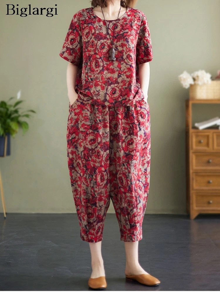 

Женский Повседневный костюм из 2 предметов, блузка с коротким рукавом и цветочным принтом, свободные брюки с эластичным поясом, большие размеры, на лето