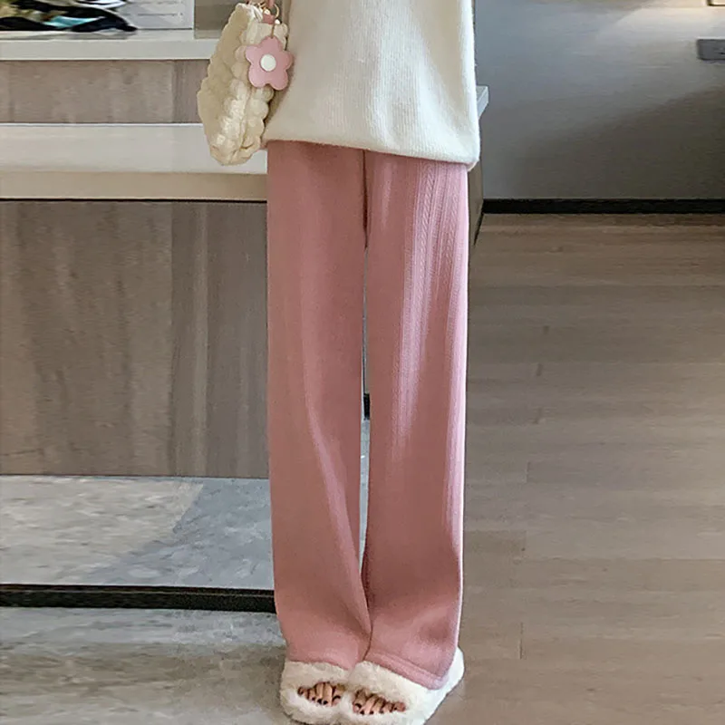 

Новинка 2023, осенне-зимние теплые женские брюки с широкими штанинами, полосатые брюки с эластичным поясом из синели и плюша, повседневные свободные элегантные прямые брюки