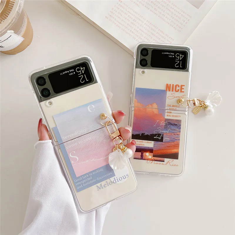 

For Samsung Galaxy Z Flip 4 3 Case Sunset Beach Painted Bracelet Transparent Shockproof Hard Back Cover For Samsung Flip3 Case