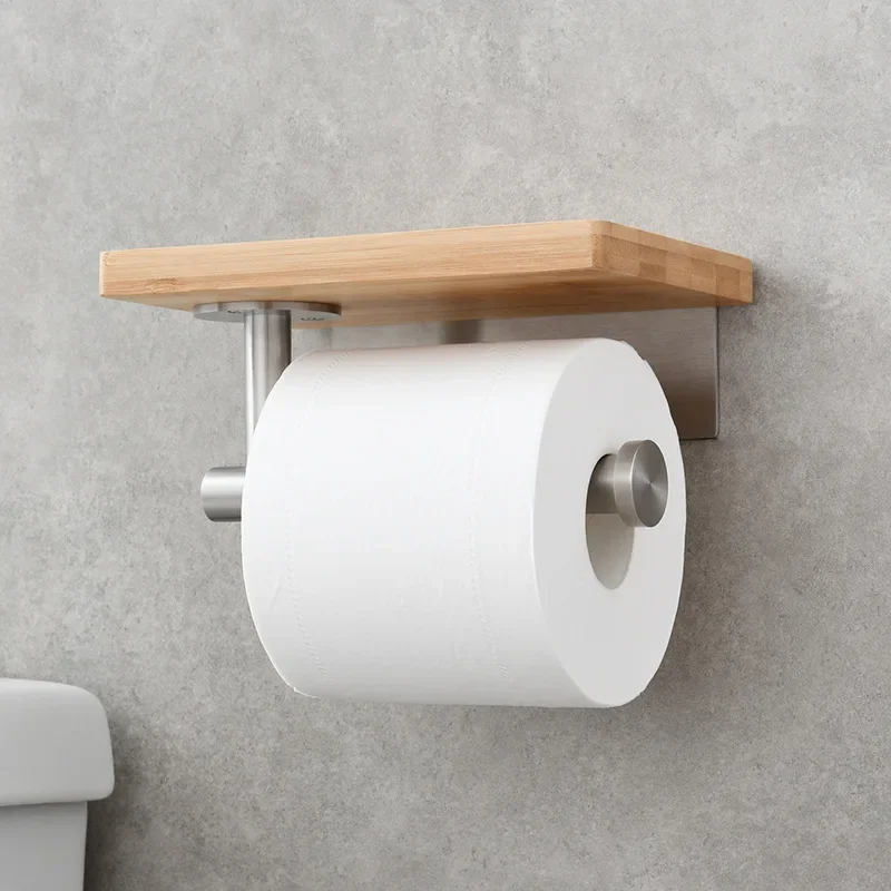 Stainless Steel Non-punching Roll Paper Holder Bathroom Mobile Phone Solid Wood Storage Wall Hanging Paper Towel Holder