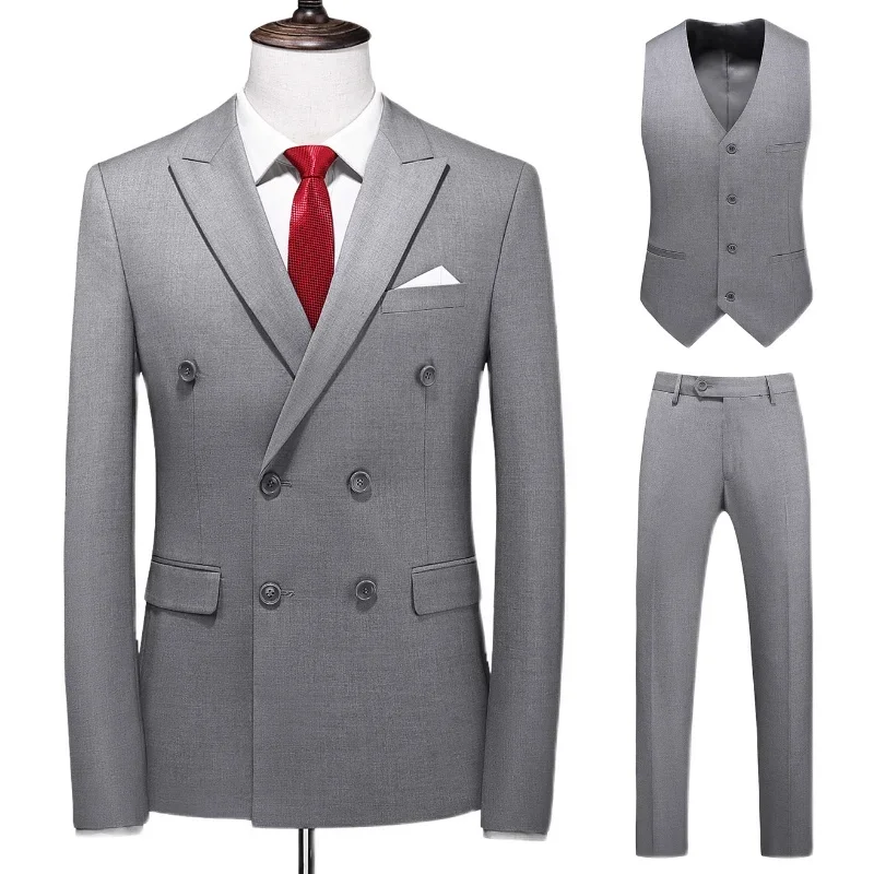 3 Pcs Set Suit Jacket Pants Vest / Fashion Men's Casual Boutique Double Breasted Solid Color Blazers Coat Trousers Waistcoat