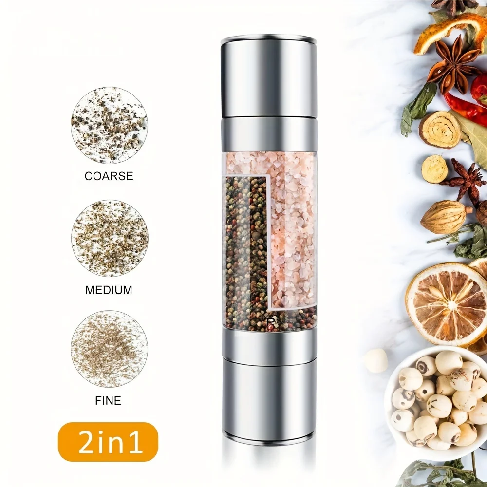Salt and Pepper Grinder 2 In 1 Manual Stainless Steel Adjustable Ceramic Grinding Spice Grinder Kitchen Tool