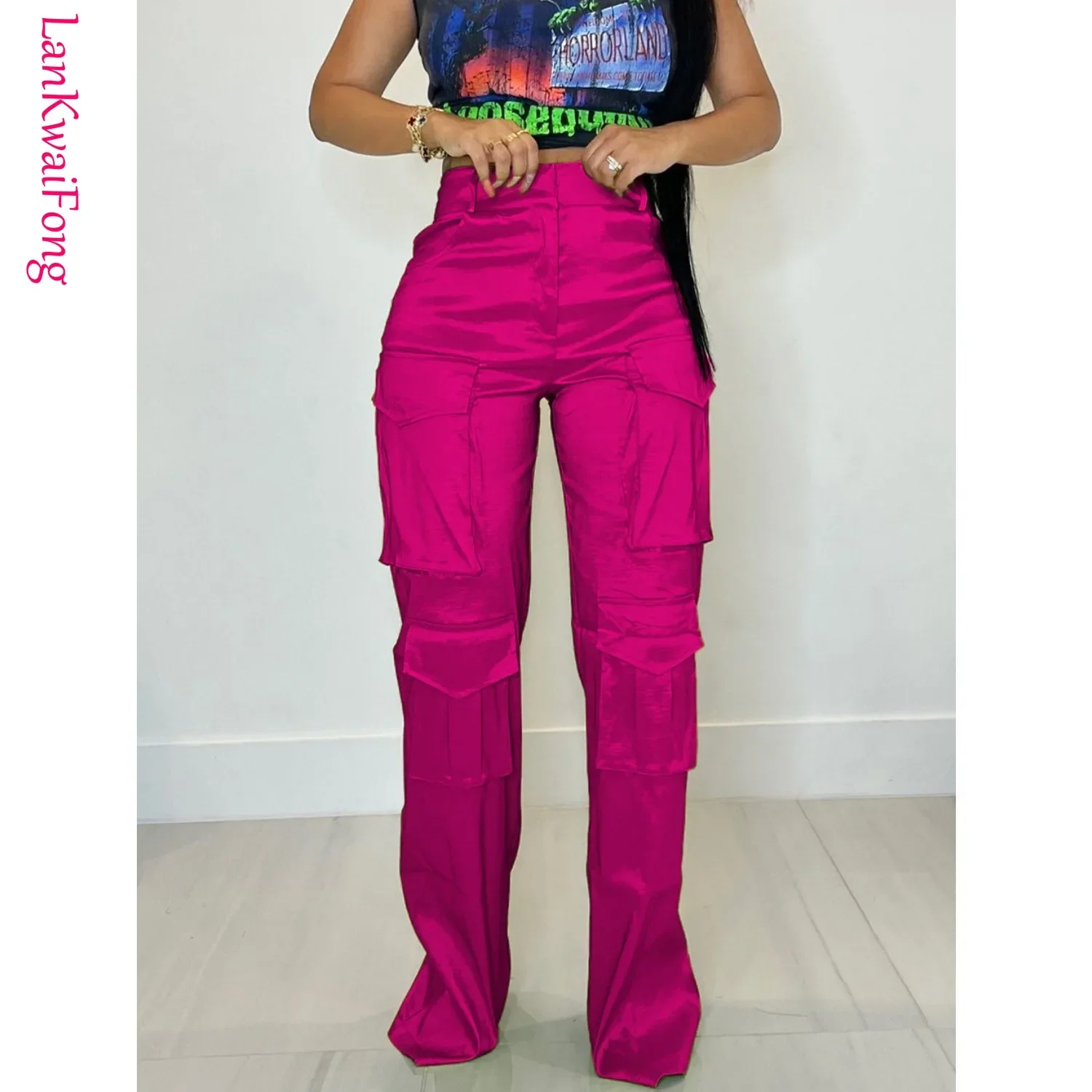 

Новые модные женские брюки LKF, фиолетовые уличные трендовые прямые брюки на молнии с несколькими карманами, рабочая одежда