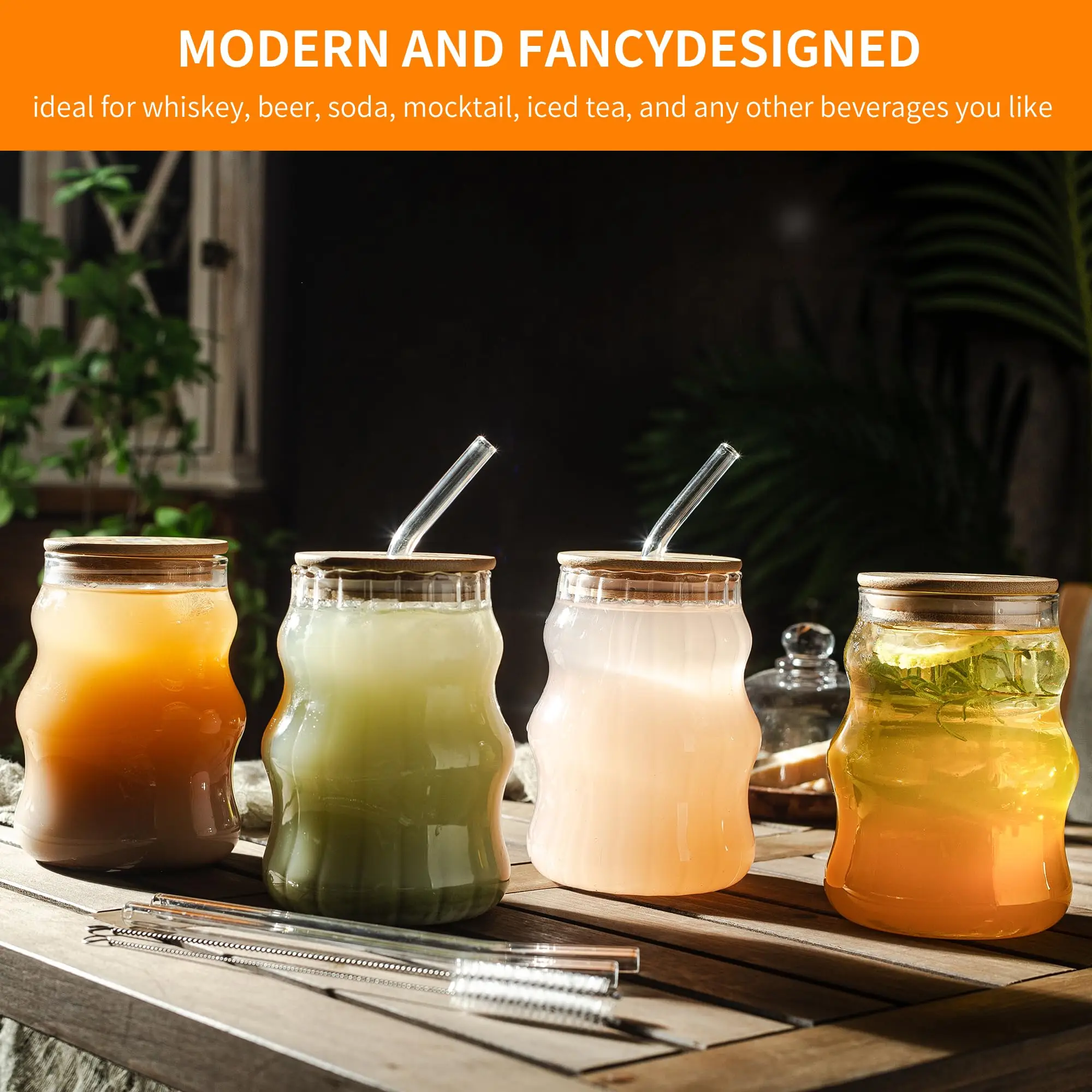 4PCS Ribbed Glass Cups With Straws With Lids Set 18Oz Vintage Drinking Glassware For Iced Coffee Beverage Milk Cocktails