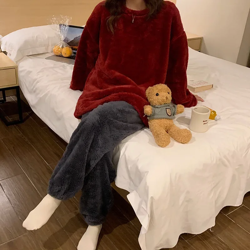 Coral Fleece Pajama Sets Women Winter Warm Sleepwear Long Sleeve Trouser Thick Loungewear Korean High Quality Clothes Pijama