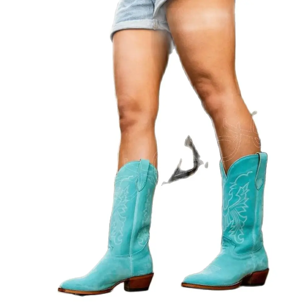 

Black Sewing Cow Boy Boots Slip on Knee High Chunky Heel Square High Heel Shoes for Women Toe Shoes 2023 Zapatos Para Mujere