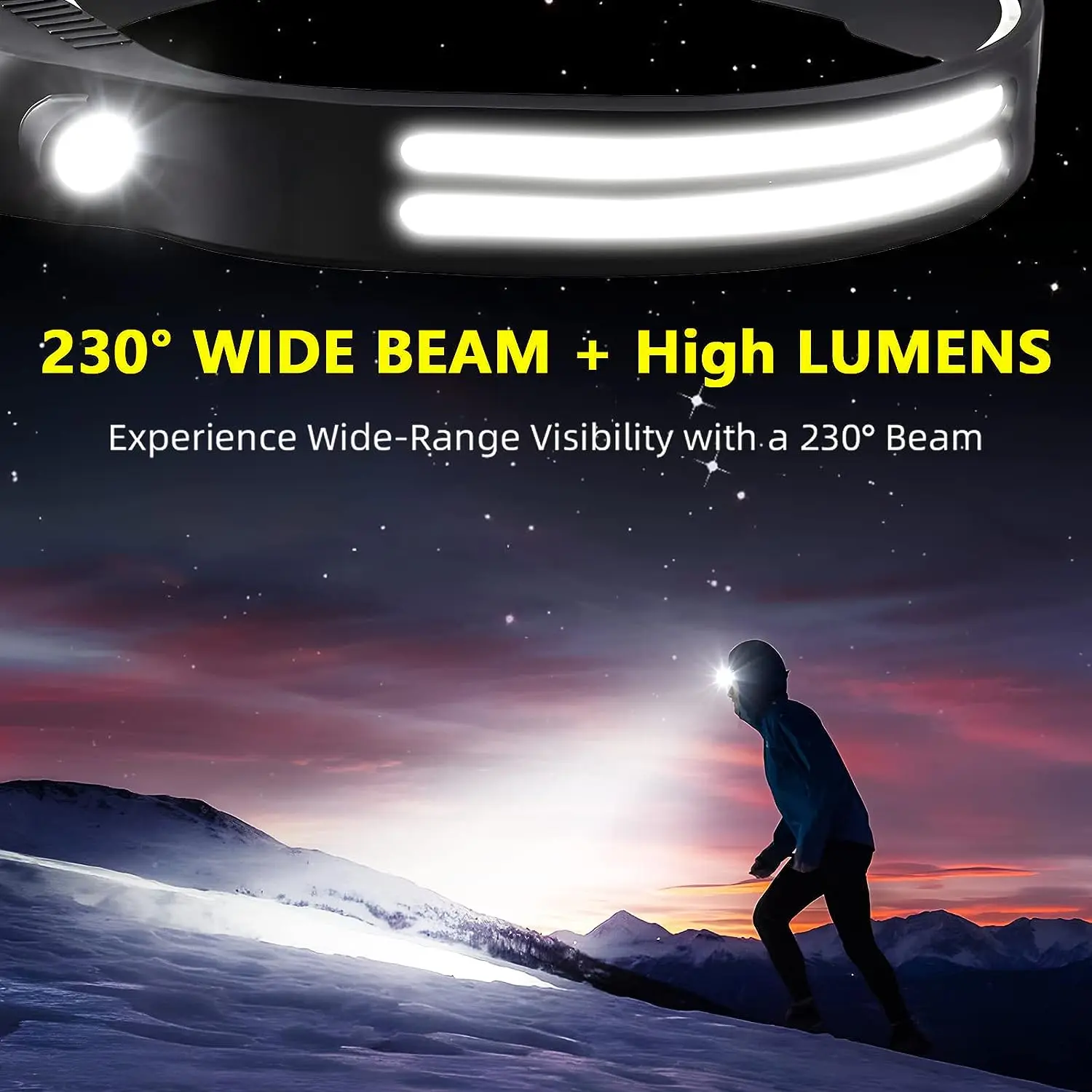 2PCS LED Headlamp Rechargeable 230&deg; COB Super Bright Head Lights for Forehead Hard hat Light for Adults USB C Headband Flash