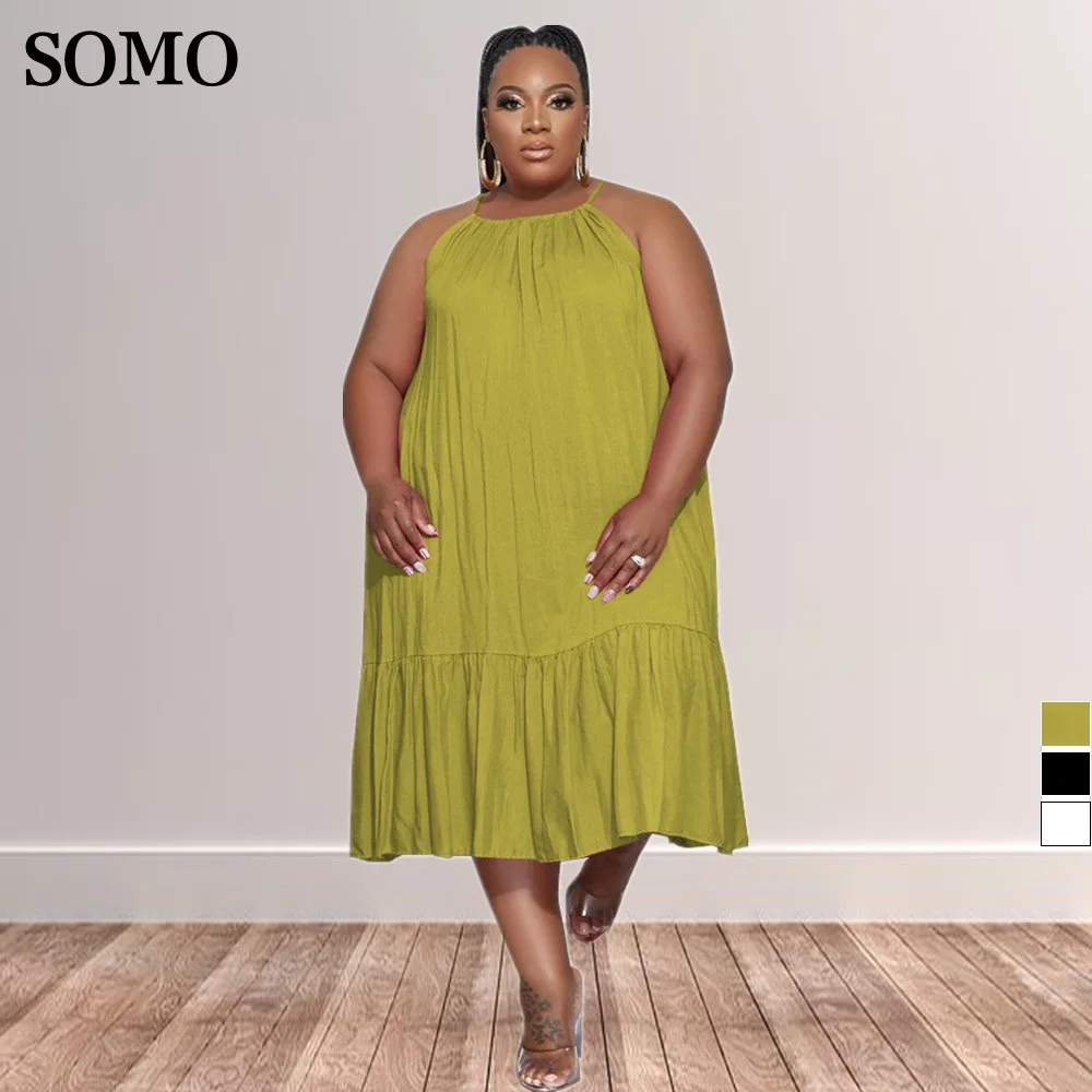 

Женское плиссированное платье средней длины, повседневное свободное однотонное платье большого размера с лямкой на шее, летняя одежда, 2022