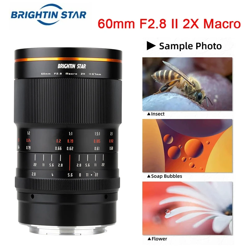 

Brightin Star 60mm F2.8 2:1 Macro Camera Lens Magnification Manual Focus For Sony E Canon RF EOSM Fuji M43 Nikon Z Mount Insect