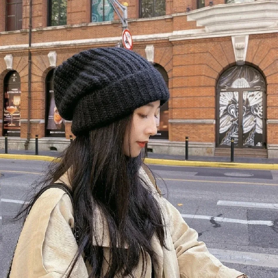 Autumn Winter Knitted Hat Plush Outdoor Women's Korean Casual Fashion warmth Ear Protection Big Head loose Cap Christmas Gifts