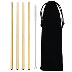 Deluxe Stainless Steel Reusable Straw Set with Cleaning Brush & Carry Bag - Eco - Friendly Drinkware Accessories (Gold)