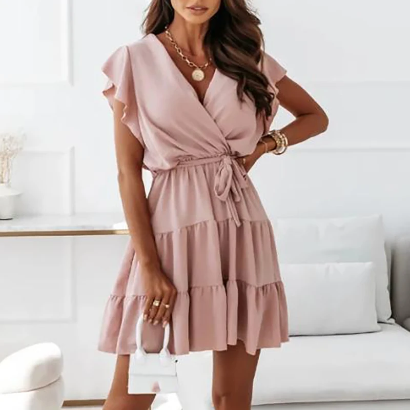 

Women Casual V-neck Ruffled A-line Dress Summer Short Sleeved Solid Pleated Mini Dress Office Elegant Lace Up Waist Party Dress