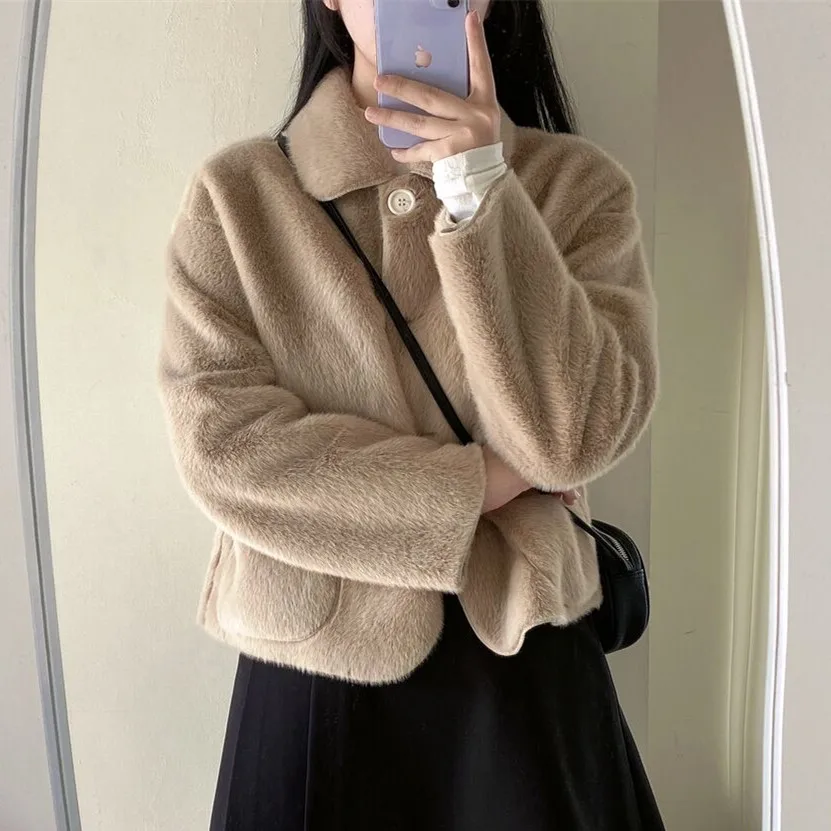 Mink Fleece Faux Fur Coat Office Lady  Korean Fashion College Girls Short Coat Autumn Winter Light Warm Design