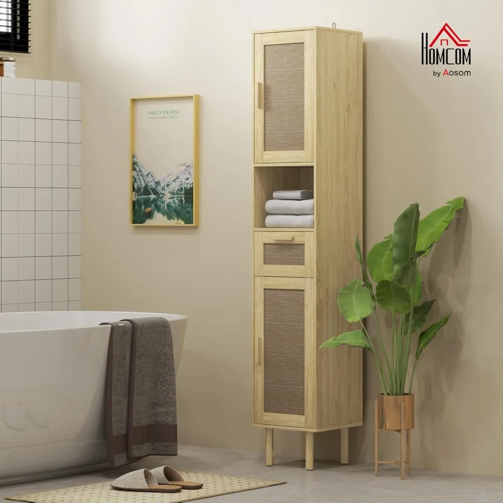 Tall Bathroom Storage Cabinet with Wicker Doors & Open Shelves 2