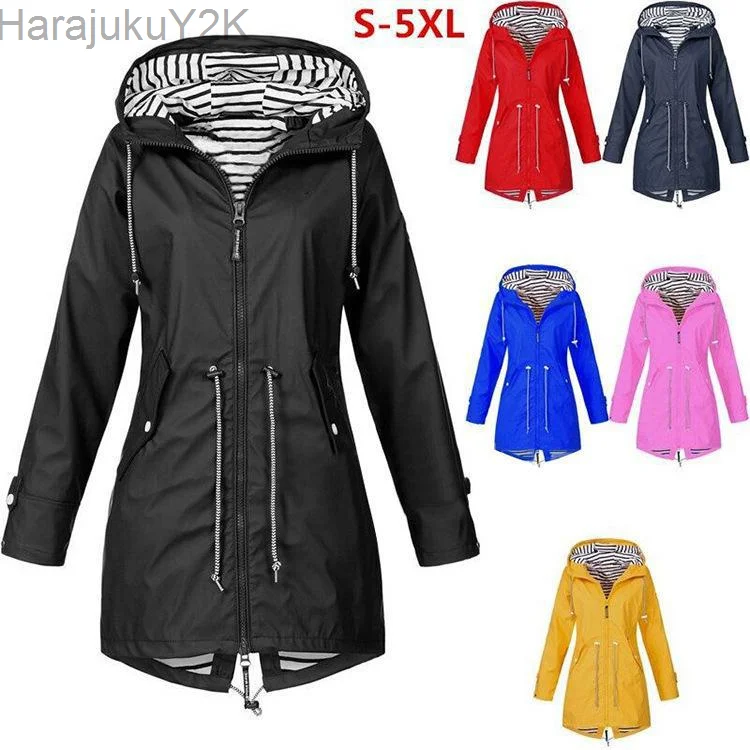 

Women's Fashion Hooded Outdoors Zipper Windproof Trench Coats Casual Waterproof Drawstring Rain Jackets Mountaineeri Female