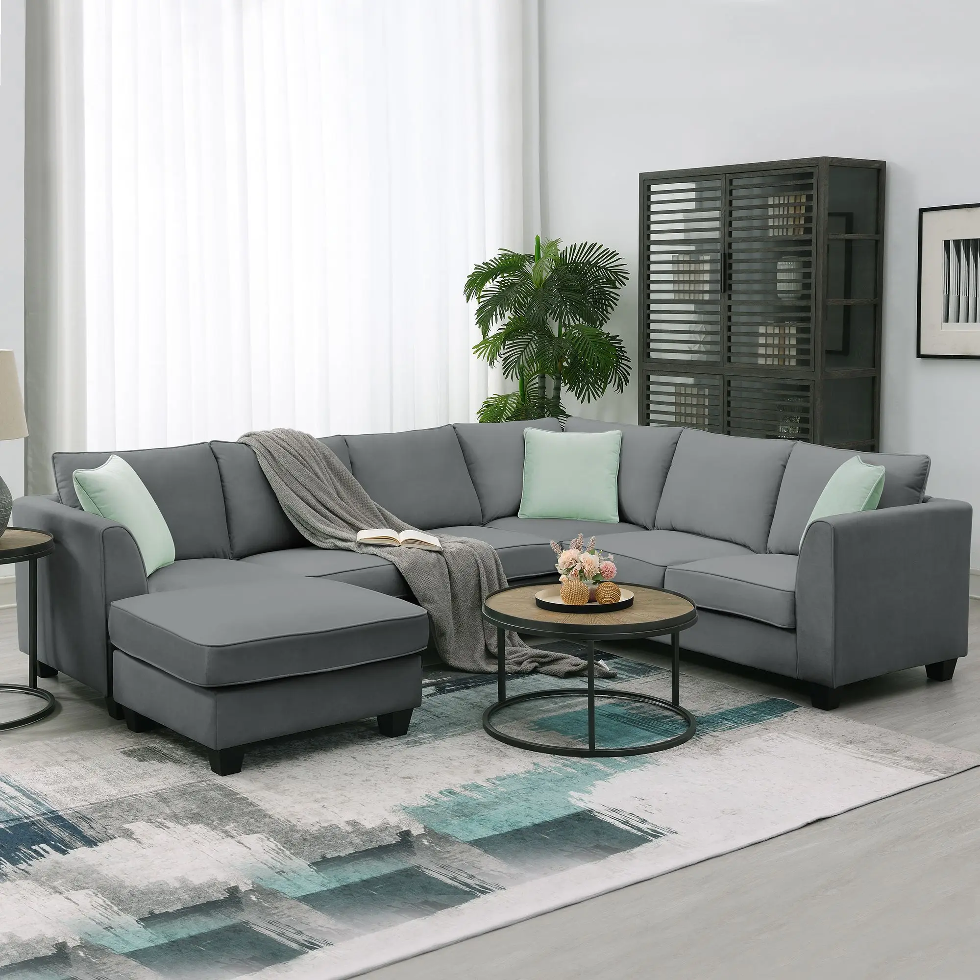 

Sectional Sofa Couches, 7 Seats Modular Sectional Sofa with Ottoman, L Shape Fabric Sofa,Corner Couch Set with 3 Pillows
