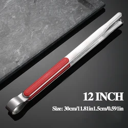 Premium Stainless Steel Korean Barbecue Food Tongs - Heavy-Duty Buffet and Bread Serving Tool (Red 12 inch)