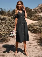 Summer Women Short Sleeve V Neck Solid Color Single Breasted Cotton Linen A Line Dress - Image 4