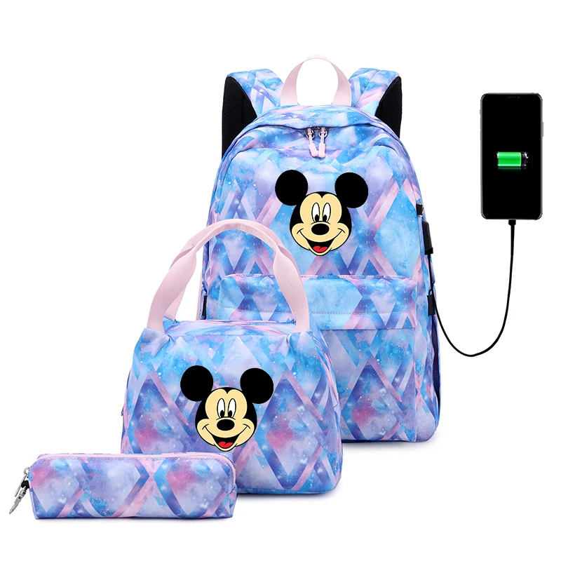 

3pcs Disney Mickey Minnie Backpack Boys Girls USB Charging Bookbag Mochila Teenager Men Women Travel Casual Backpacks Sets