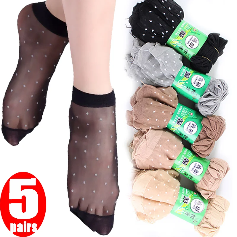 

5 Pairs Ultra-thin Silk Socks Women Sexy Ankle Stockings Summer Translucent Crystal Invisible Sock Girls Charm Wave Point Socks