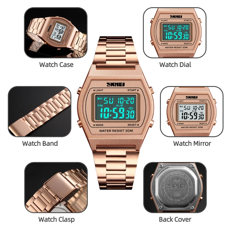 Skmei Unisex Digital Sport's Watches Stainless Steel Strap Led Waterproof 12/24 Hour Format Electronic Alarm Clock 6