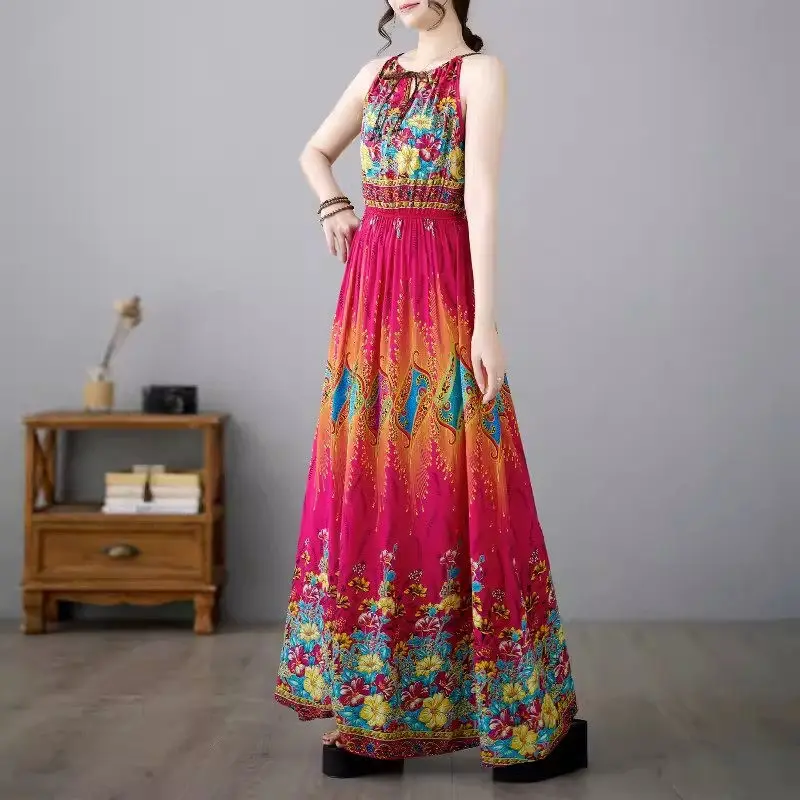 

Summer Artistic Print Bohemian Ethnic Style Dress Women's 2024 Fashion Sleeveless Red Large Hem Sling Beach Long Dress K953