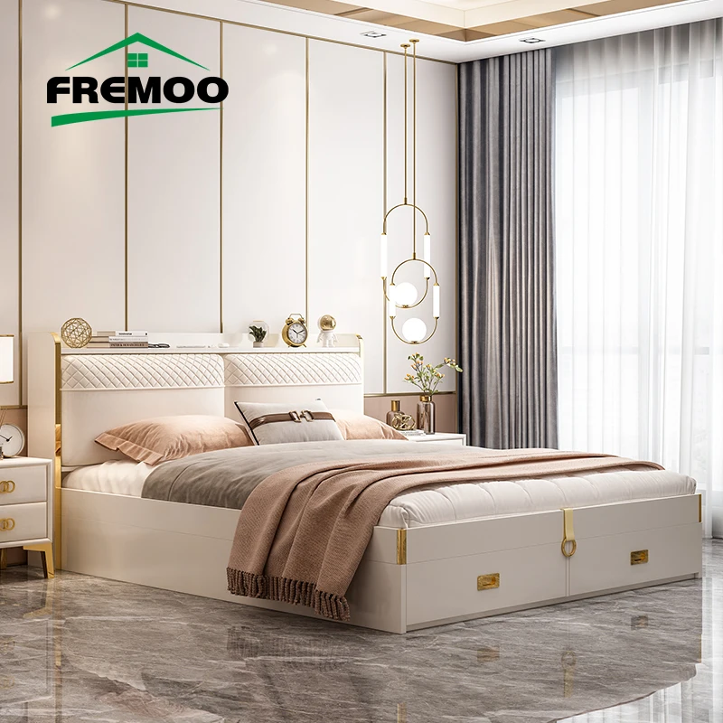 Light Luxury Bed King /Queen Size Frame Off-White Bedroom Furniture Set Home Furniture Double Bed