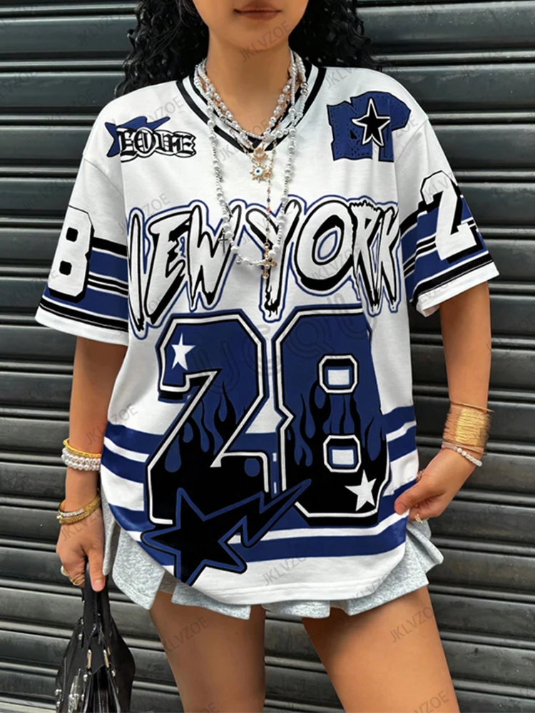 Oversized T-shirt For Women V-Neck Short Sleeve Summer Patchwork