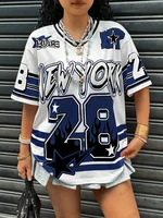T-shirt surdimensionné pour femmes, col en v, manches courtes, Patchwork, imprimé New York 28, t-shirts décontractés, maillot de sport, de Football, Y2k, été 6
