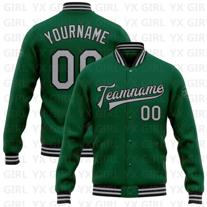 Custom Kelly Green Gray-Black Bomber Full-Snap Varsity Letterman Jacket 3D Printed Baseball Button Jacket