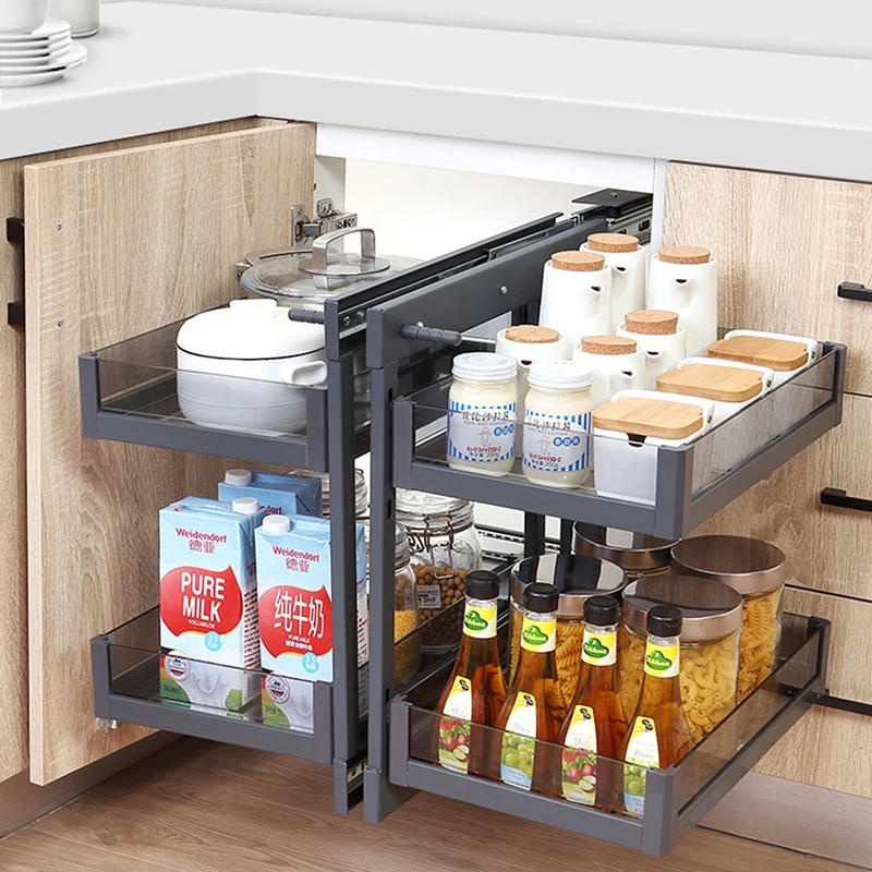 Kitchen Universal Magic Corner For Kitchen Cabinet Blind Corner Swing Tray Pull Out Cabinet Magic Glass Grey Basket