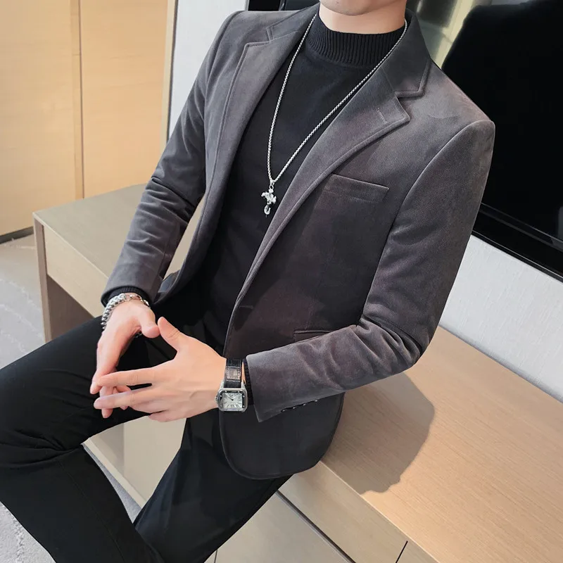 Blazer Hombre Autumn Winter New Fashion Velvet Blazer Jackets For Men Korean Luxury Clothing Slim Fit Formal Suit Coats Black