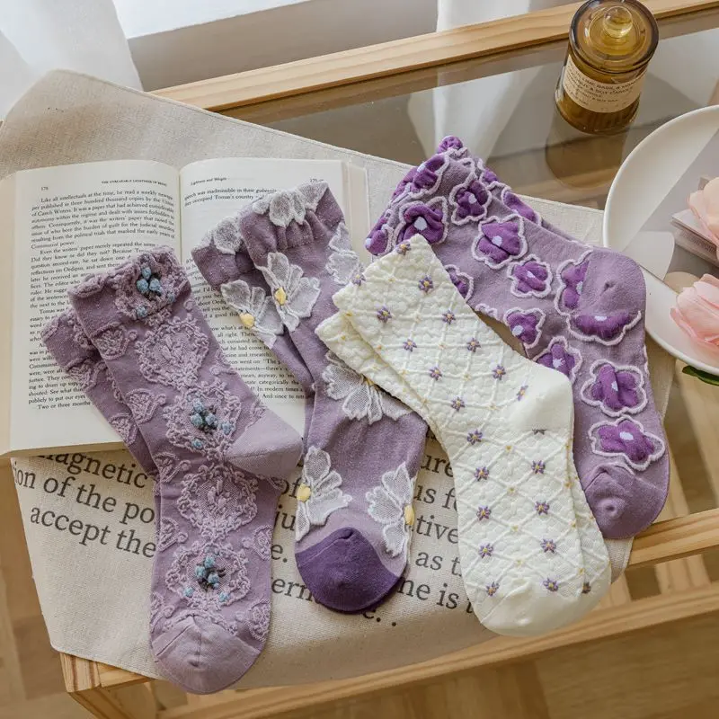 

4 Pairs Women's Socks Set Cotton Violet Series Sweet High Quality Harajuku Kawaii Lolita Girl Cute Pretty Gift Flower Socks