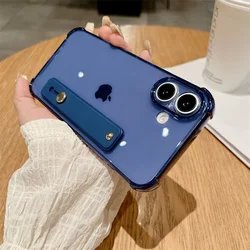 Neon Color Soft Silicone Wrist Strap Phone Case with Kickstand and Transparent Back Cover - iPhone 14 (Navy Blue)