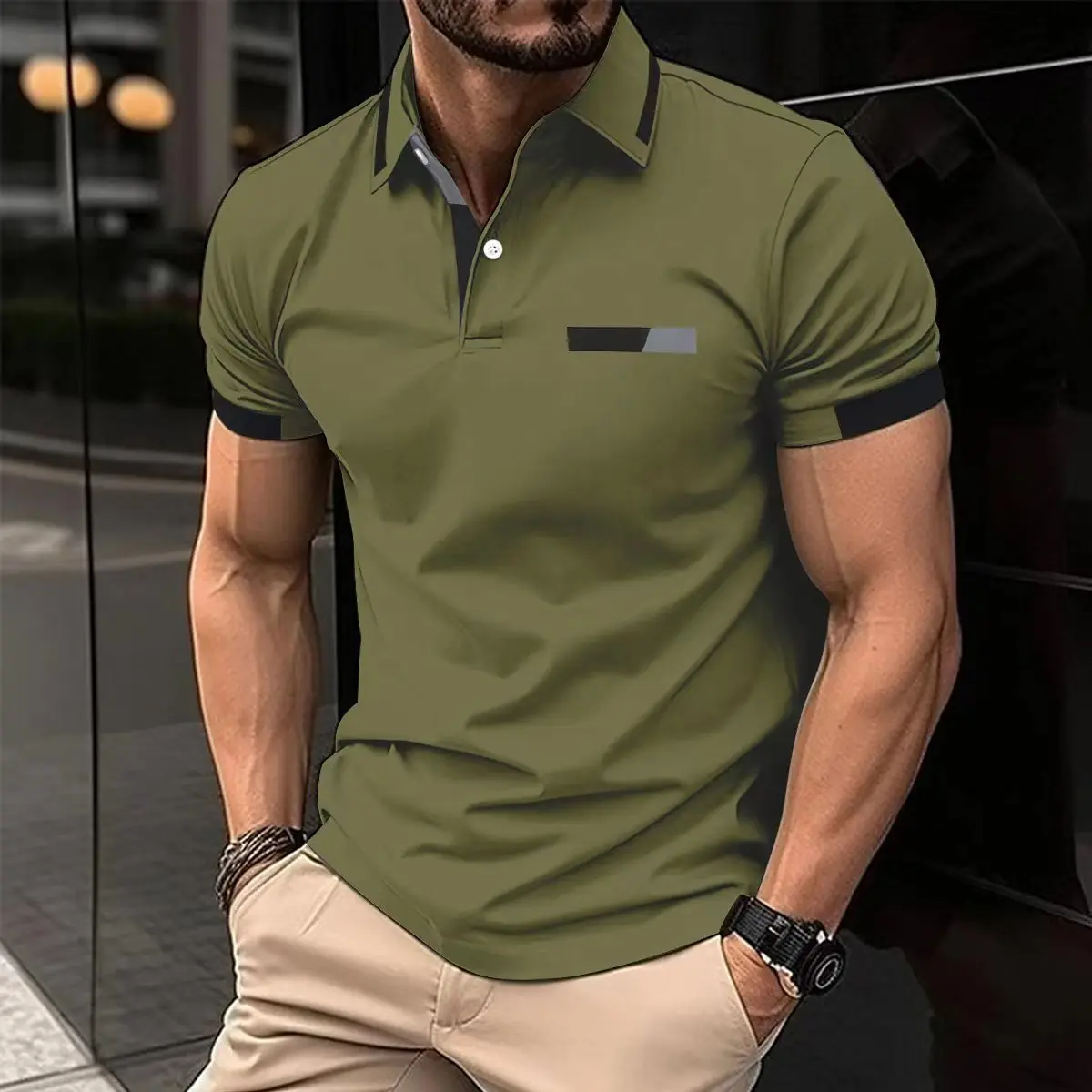 2024 New Cross Border Men's Leisure Polo Shirt With False Chest Pocket Flip Collar Button Youth T-shirt Top