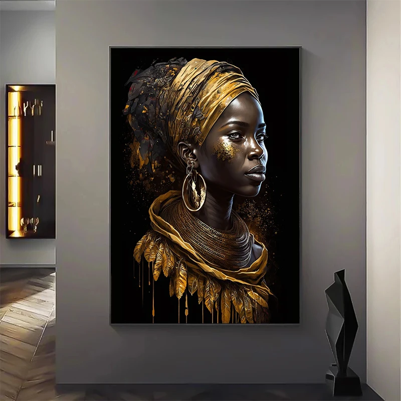 Elegant African Black and Gold Woman Portrait Canvas Art for Modern Living Room Decor