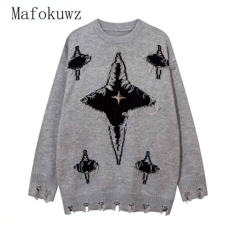 Autumn Winter Niche Metal Star Tassel Hole Sweater Men's Loose Casual High Street Sweaters Men Pullovers Male Clothes