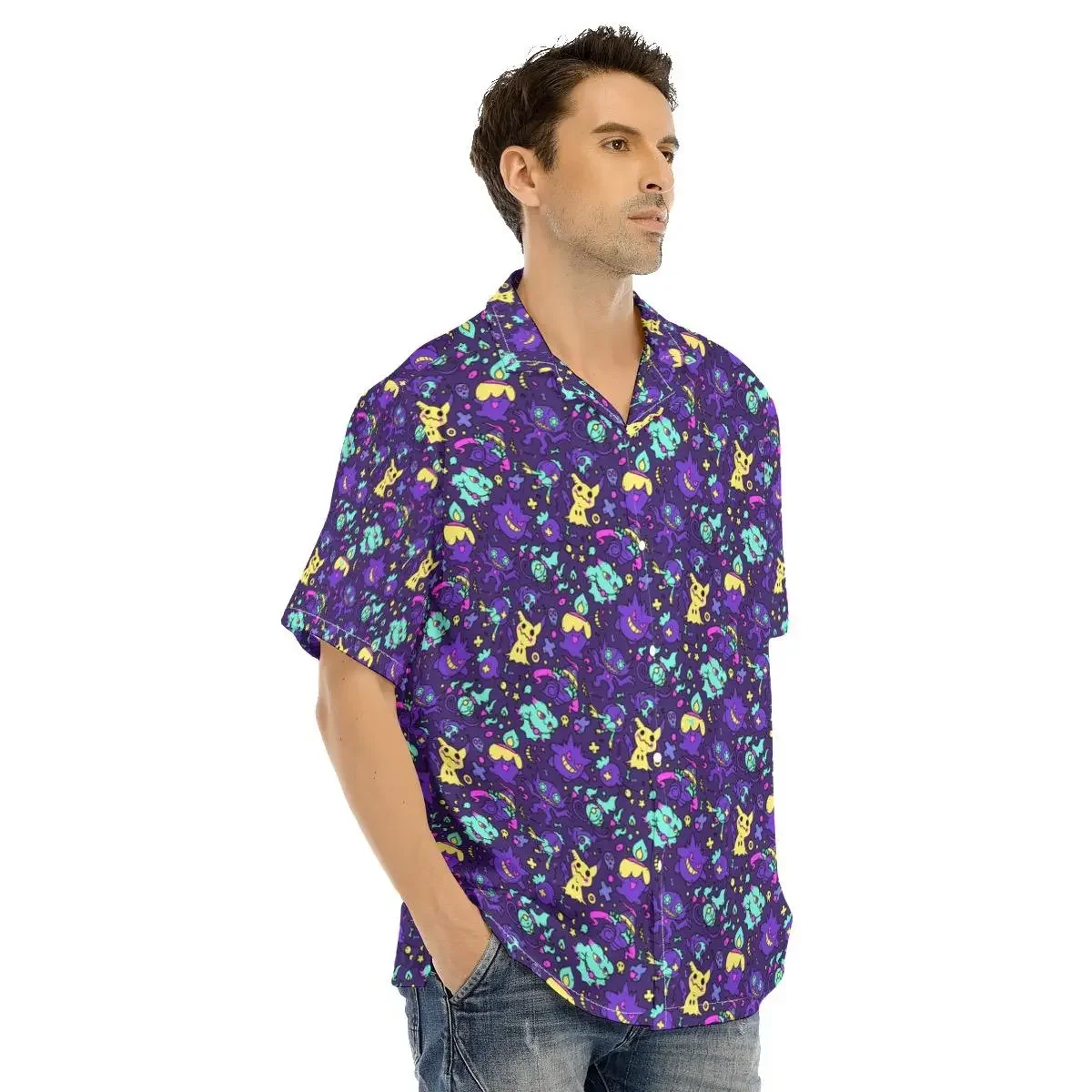 New Men's Hawaiian Shirt Anime Print Gengar Kawaii Funny Full 3D Print Short Sleeve Button Up Summer Shirts