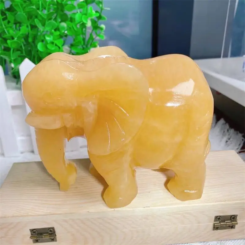 

14CM Natural Yellow Calcite Elephant Crystal Animal Carving Crafts Healing Energy Stone Fashion Home Decoration Gift 1pcs