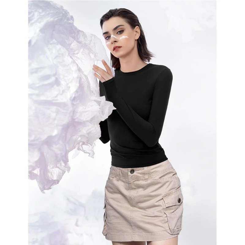 

Women's Solid Color Long Sleeved T-shirt Round Neck Slim Fit Top Sexy Basic Solid Color Base Shirt Aesthetic Clothes