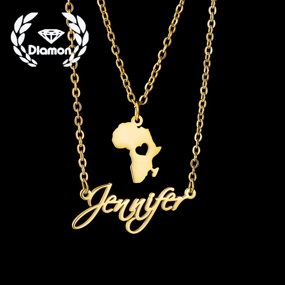 

Diamon Personalized Stainless Steel Necklace Double Layers Map Heart for Women Choker Chain Customized Name Pendant Jewelry Gift