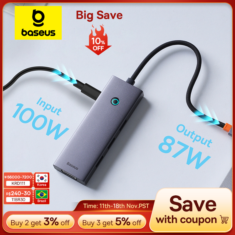 ãLimited OfferãBaseus USB Hub Type C to Dual HDMI 4K 60Hz 30Hz VGA PD 100W Fast Charging USB A 3.0 5Gbps MST Display for Windows
